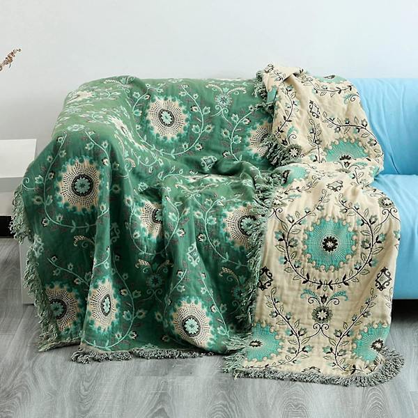 Bomulds Boho Tæppe 150x200cm, Dobbeltsidet Vævet Sengetæppe Med Frynser Sofa Tæppe Arm