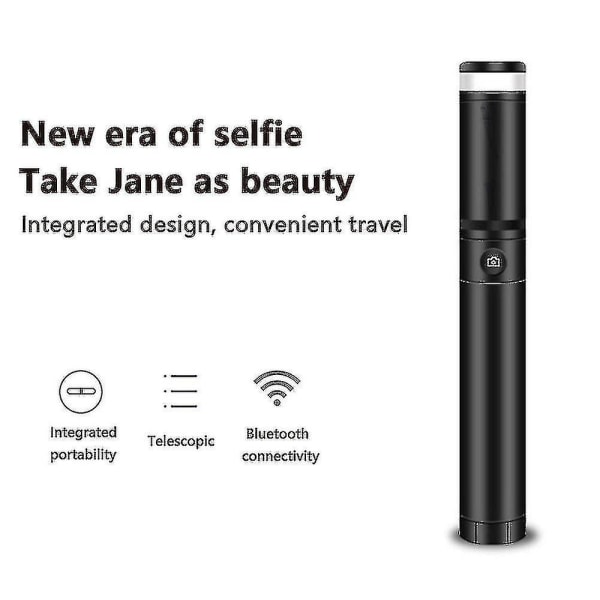 Selfie Stick-stativ, utdragbar Selfie Stick med löstagbar Bluetooth fjärrkontrollslutare och fyllning ljussvart