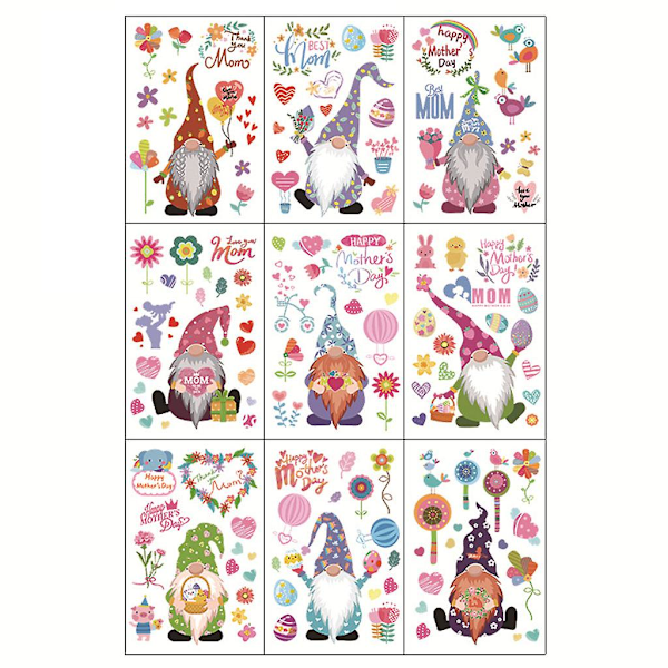 9 Sheets Mother's Day Stickers Swedish Gnome Glass Window Clings Decals Fridge Sticker Home Decorations