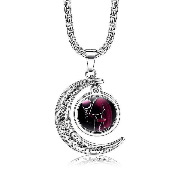 Veeki Halvmåne i Rostfritt Stål med 12 Stjärnbilder Zodiactecken Lysande Hänge Halsband Glöder i Mörkret, Jungfrun