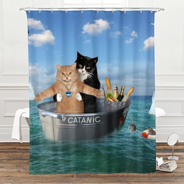 Katte bruseforhæng til badeværelsesindretning, sjove Catanic Cats Cosplay Titanic On Ocean Print vandtætte stof bruseforhæng med kroge 55x72 tommer