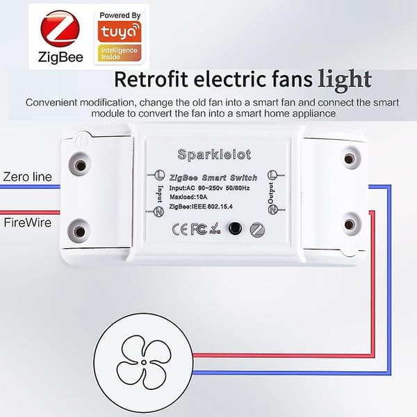 Mini Zigbee 3.0 Smart Switch Retrofit Modul for Vifter og Lys, Støtter Tuya