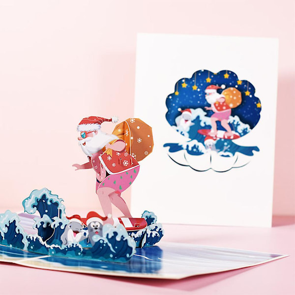 Joulu Santa Claus Surffausta 3d Pop-up Onnittelukortti Joululle Uudelle Vuoden Kirjekuorelle