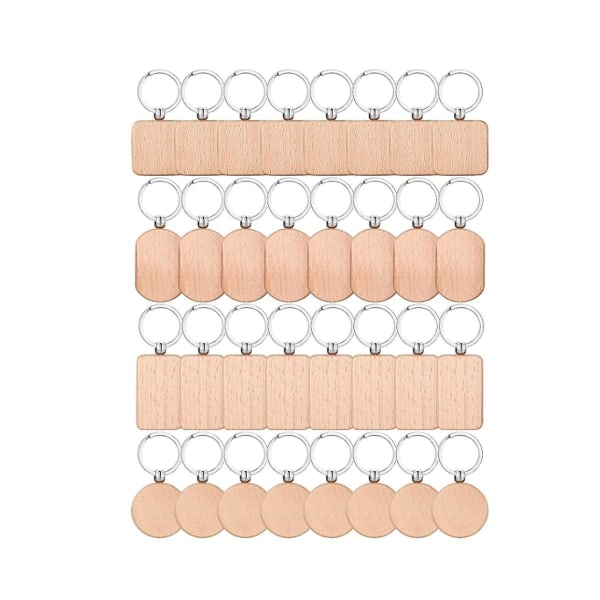 Træ Nøglering Blanks, 32 stk Træ Gravering Blanks Nøglering Bulk Uafsluttet Træ Nøglering Nøgle R