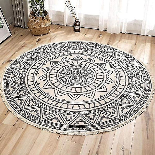 Runde tepper, sirkulære tepper, stripete, sklisikre, håndvevde, lettstelte bomullstepper med et bohemsk mandala-mønster 90cm