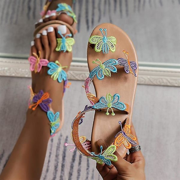 Kvinder Sommerstrand Butterfly Decor Casual Flade Sandaler Tommelfinger Sandaler Sko 41
