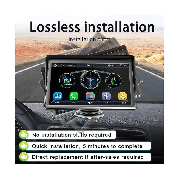 Bærbar Dash Mount Carplay-skjerm 7-tommers berøringsskjerm, GPS-navigasjon, Bluetooth-bilstereoradio, Bac