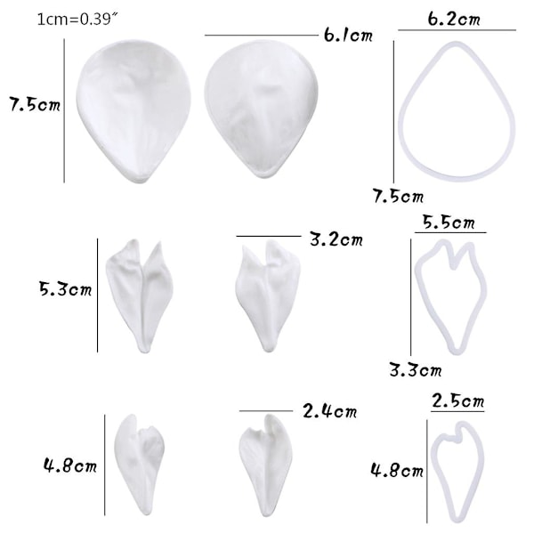 9 st/set Pionblad Ven Skärare Silikon Fondant Sugarcraft Form Kakdekor
