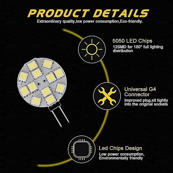 Kompatibel med 10x G4 LED-lampor DC 12V Ej dimbar Vit 6000k Ljuskälla Ersättning 20W Halogenlampa för Kök Husbil RV Släpvagn