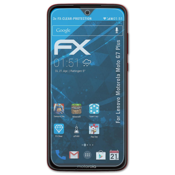 atFoliX 3x skyddsfolie kompatibel med Lenovo Motorola Moto G7 Plus Displayskyddsfolie klar