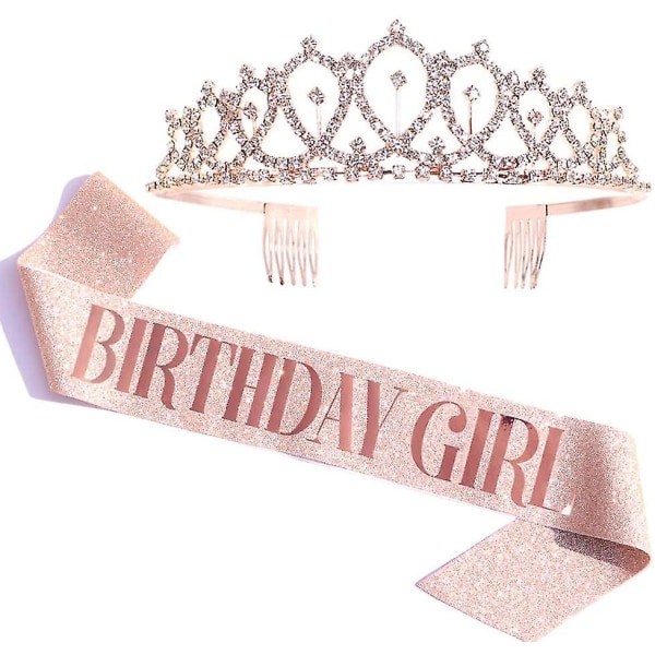 Syntymäpäivätyttöjen vyö & tekojalokivi Tiara Kit - Ruusukulta Syntymäpäivälahjat Glitter Syntymäpäivä Sash Syntymäpäiväjuhlien suosikit