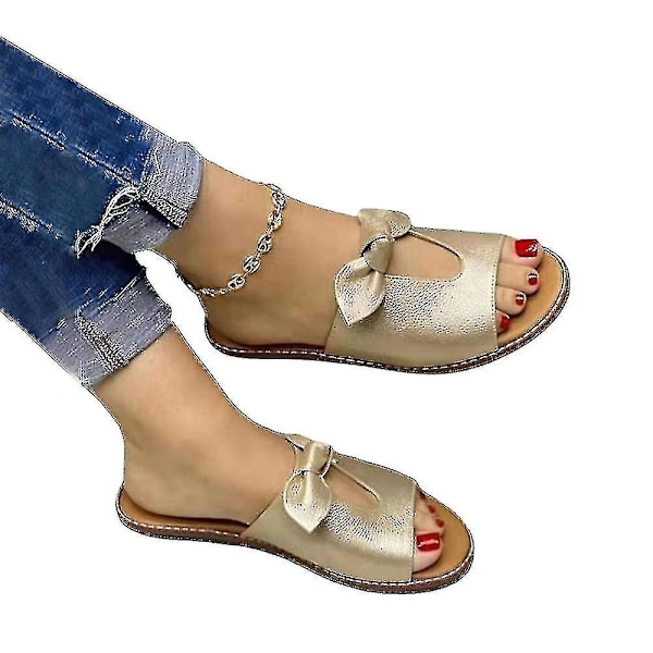 Women Bowknot Hollow Flat Sandals Slides Summer Open Toe Slippers