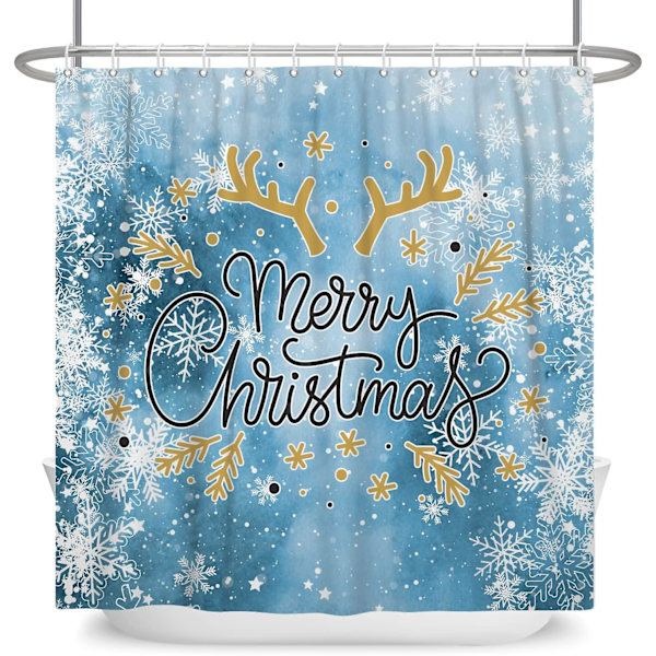 God jul snøfnugg dusjforheng hvite snøfnugg gevir på blå bakgrunn baderomsinnredning for vinterferie baderomsgardiner vanntett pol