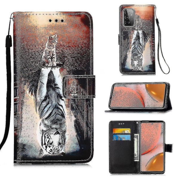Kompatibel med Samsung Galaxy A72 5g/ 4g etui Læder Flip tegnebogscover med kortpladsholder Kickstand mønster - Cat And Tiger