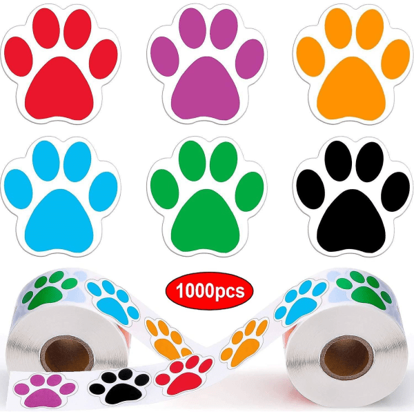 2 ruller med 1000 farverige poteprintklistermærker, hunde kat og bjørne kæledyrs fodaftryk Poteprint label
