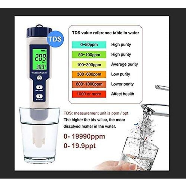 Elektronisk Ph Meter Tester, 5 In 1 Ph Tester Ficktemperaturmätare Vattenkvalitet Ph Ec Salt Tds