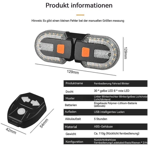 Cykelblinkers med trådlös fjärrkontroll, två lampor delat bakljus med indikator, USB-laddningsbar