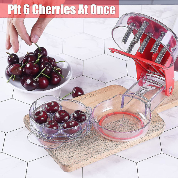 Cherry Pitter, Multiple Cherry Frø Ekstraktor i rustfrit stål, Juicebeholder 6 Kirsebær(rød)