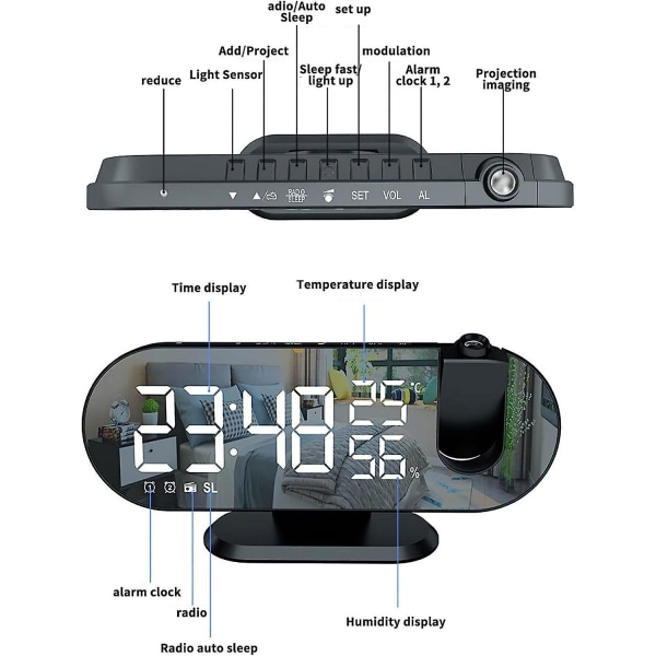 Pstuiky Multifunktionel intelligent projektionsvækkeur kan oplade mobiltelefoner, LED-temperatur og 8-tommer LED-skærm fugtighedsskærm digital P