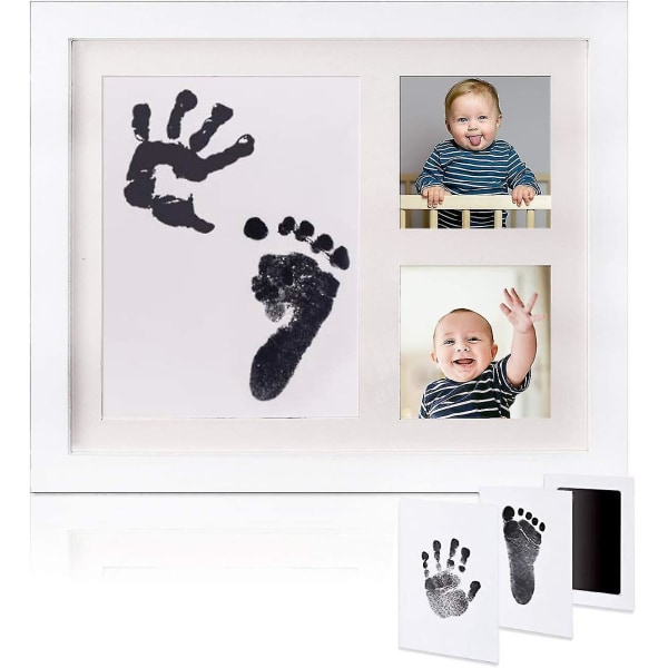 Vackert Baby Handprint & Footprint Kit - Keepsake Baby Keepsake White Deco Frame Giftfritt bläck - Wooden Deco Safe Akrylglas - Fantastisk present till