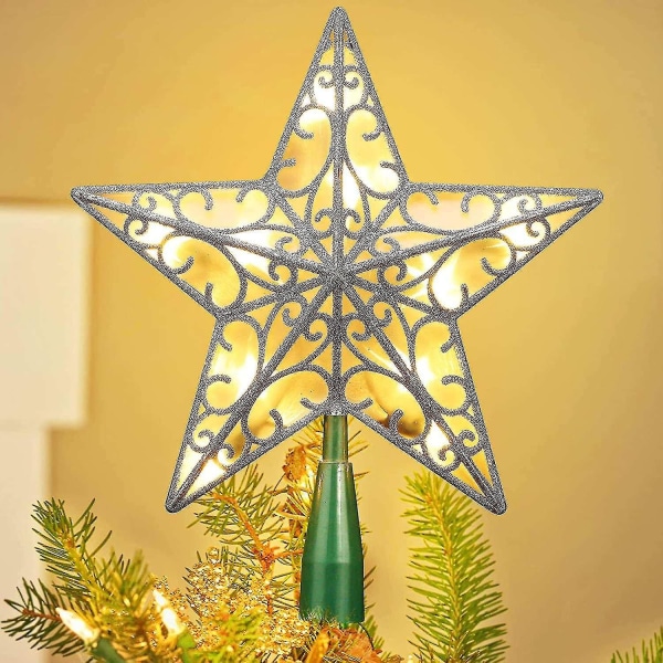 9u201d Christmas Star Tree Topper, Glitret Sølv Treetop Star, Metal Hollow 3d Star Christmas