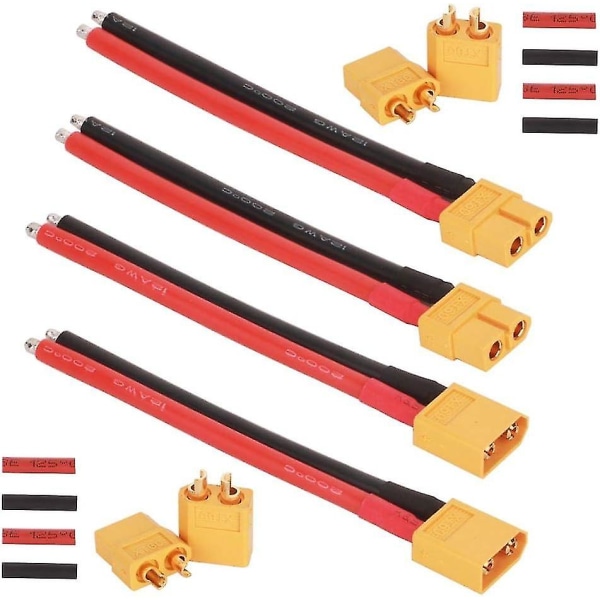 Par Xt60-kontakter med kabel 100 mm 12awg silikontråd, 2 par Xt-60 han- och hona rund pl