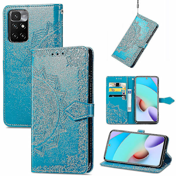 Xiaomi Redmi 10/10 Prime Fodral Läder Plånboksfodral Präglad Mandala Magnetiskt Flip-skydd Stöttåligt - Blå