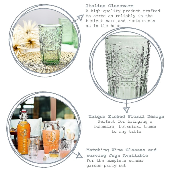 4x Romantiska Highball-glas Dekorerade Vatten Juice Cocktail Tumblers 340ml Gröna