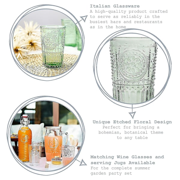 4x Romantiske Highball-glas dekoreret vand juice cocktail tumblere 340ml grøn