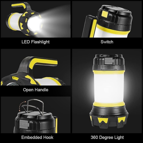 Oppladbar LED-lanterne, 1000 lumen 360 campinglampe, oppladbar led-lampe bærbar, ultrakraftig, 6-mote campinglampe, usb-kabel inkludert