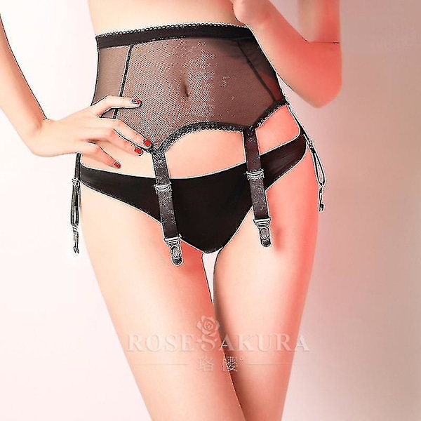 Allacki Sheer Mesh 6 Straps Svart Strømpebånd Med Blonder Sexy Lingeri