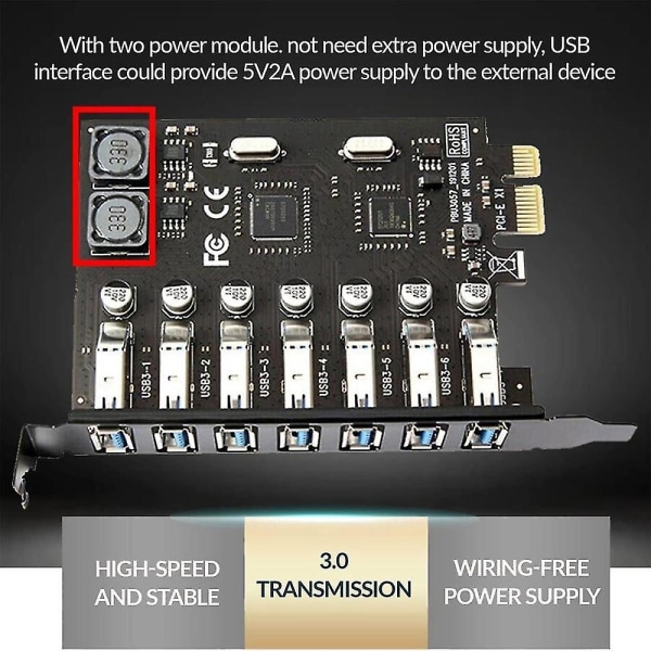 7 portar USB 3.0 PCI-adapterkort USB-expansionskort, PCIe-riserkort för PC, Linux / Windows XP/ 7/