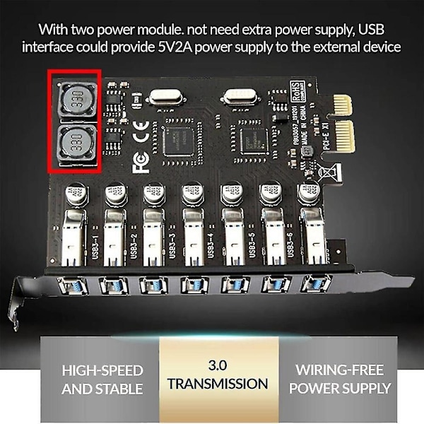 7 porte USB 3.0 PCI-adapterkort USB-udvidelseskort, PCIe-riserkort til pc, Linux / Windowsxp/ 7/