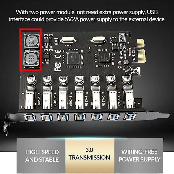 7-porttinen USB 3.0 PCI-sovitinkortti, USB-laajennuskortti, PCIe-nousijakortti PC:lle, Linux / Windows XP/ 7/