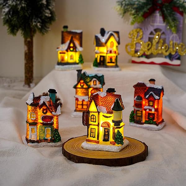 6 stk. Julepynt Resin Julehus