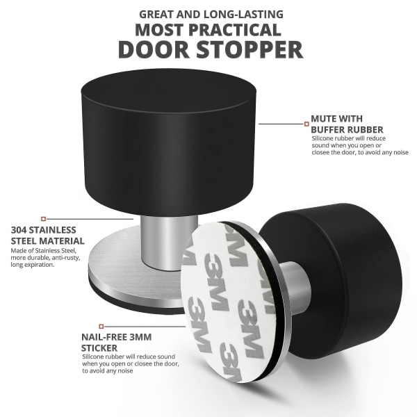 2 stk dørstoppere, sorte dørstoppere i rustfritt stål med 3m Vhb klebrig lim og 2 ekstra klistremerker - lyddempende