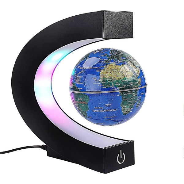 Magneettinen kelluva maapallo värillisillä led-valoilla C-muotoinen painovoimaa estävä Maglevin pyörivä maailmankartta lahjaksi kotitoimiston pöydän koristeluun (kytkimellä, sininen