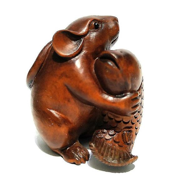 Cq021 - 2\" Käsin Veistetty Puksipuinen Netsuke-Veistos: Hiiri Ja Kala