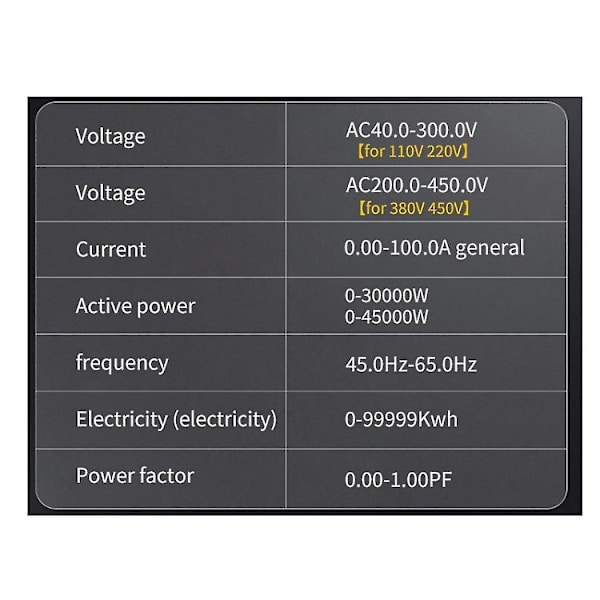 DIN-kiskovirtamittauslaite 6-in-1 250-450V 100A Jännite Virta Tehokerroin Aktiivinen kWh Sähköenergia Taajuus