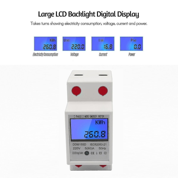 Enfase Din-rail energimåler 5-80a 220v 50hz elektronisk kwhmåler med LCD-bakgrunnsbelysning digitalt display Ddm15sd