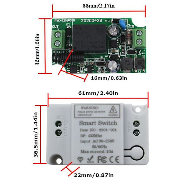 220V Mini Relæmodtager Trådløs Smart Switch RF 433MHz Vægpaneel Switch