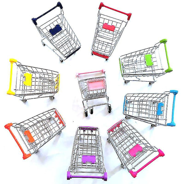 Mini handlekurv for barn, late som leker, jern sminkeoppbevaring dagligvarevogn med galvanisering (3 stk, lilla, grønn, rosa)