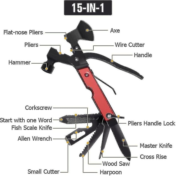 Camping Multitool Hatchet Survival Tool, 15-i-1 Mini Multitool Hammer, Emergency Escape Tool