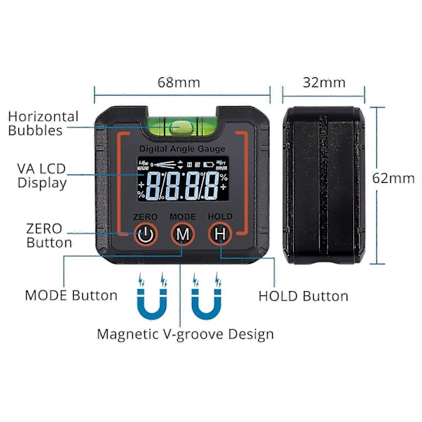 Digitaalinen LCD-kallistusmittari vaakasuorilla kuplilla, kalteva kulmamittarilaatikko, kulmanilmaisin Digitaalinen magneettinen kulmamittari, kulmamittari, viistemittari