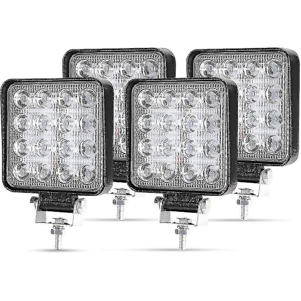 4 x 48w LED arbeidslys, firkantet spotlight 12v 24v langdistanse LED frontlykter Ip67 spot flom ryggelys for bil lastebil traktor Suv båt(4 stk)