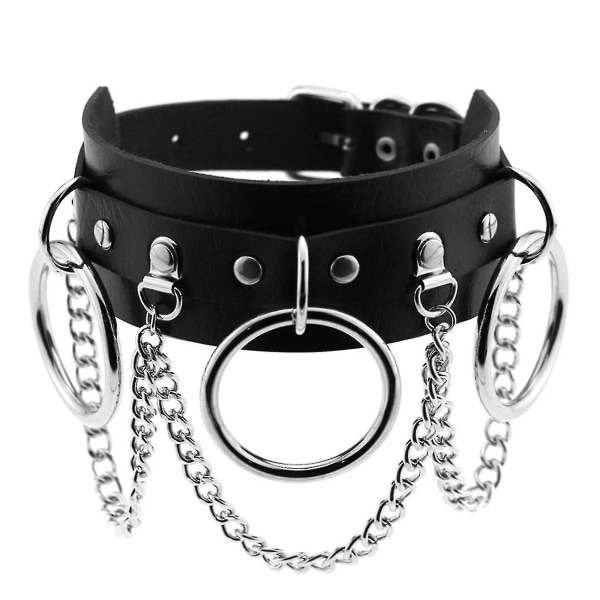 PU Läder Choker Metall Ring Kedja Halsband Krage Nitar Goth Bälte