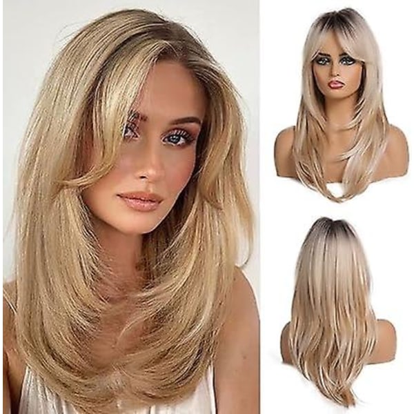 20 tums ombre blond peruk för kvinnor med lugg, lång naturlig vertikal, med mörka rötter, värmebeständig