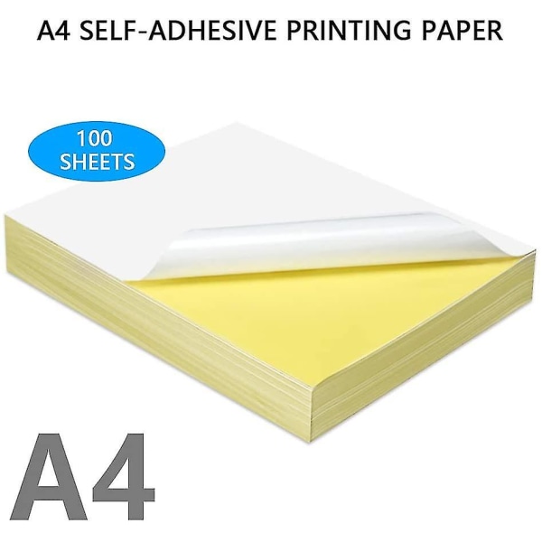 100 ark med hvitt A4 selvklebende kraftpapir, 80 g utskrivbart kraftpapir for laserskrivere og blekkskrivere Blekkskrivere