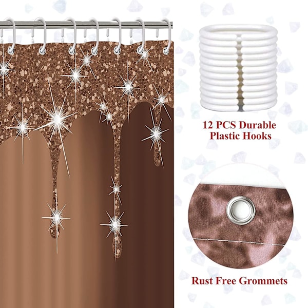 4 st glitter diamant duschdraperisets, bruna glänsande droppar baddekor med mattor och toalettlock, kaffe lyxig textur färgglad bling modern Wa