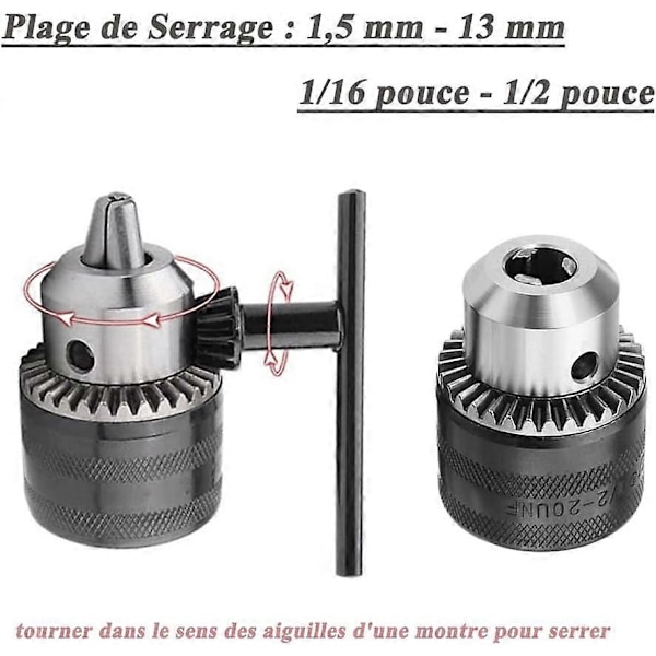 1,5-13 mm 6,35 mm Hex Skaft Hurtig Skift Borpatron Adapter, 1/2-20UNF Borpatron Konverter med Patronnøgle til Elektrisk Boremaskine Konvertering